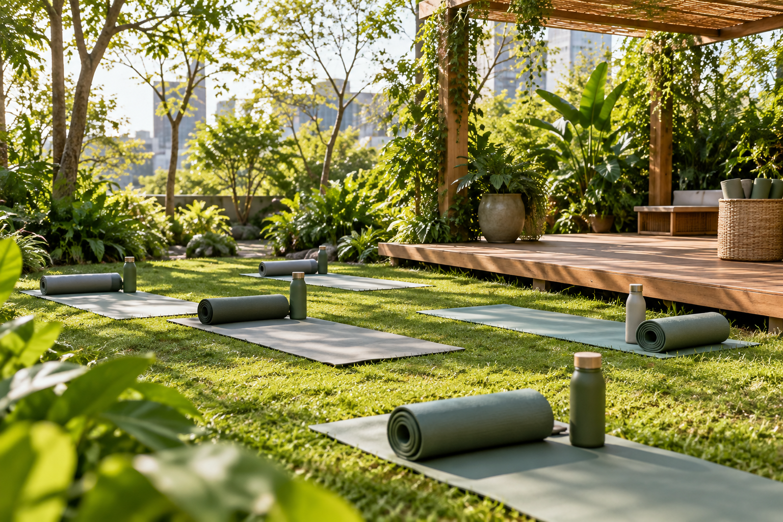 Trainingsmatten auf einer Holzterrasse in einem bepflanzten Garten