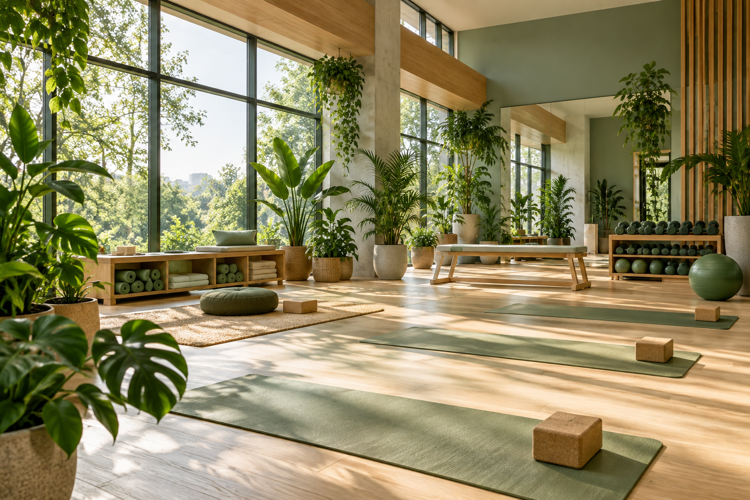 Heller Trainingsraum mit Pflanzen, Holzbänken und Trainingsmatten